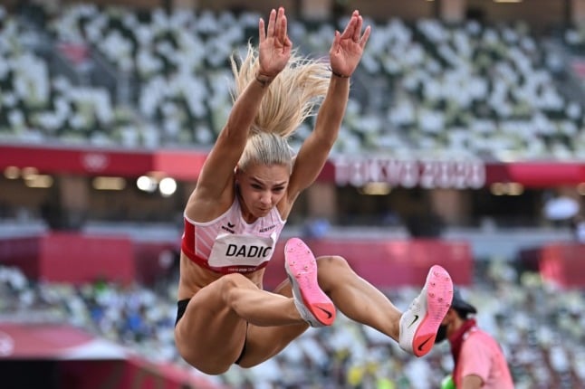 Austria's Ivona Dadic competes in the women's heptathlon long jump during the Tokyo 2020 Olympic Games at the Olympic Stadium in Tokyo on August 5, 2021. (Photo by Ben STANSALL / AFP)