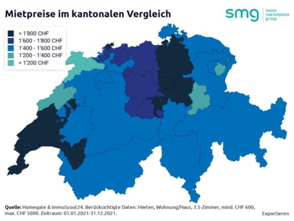 A comparison of cantonal rental prices across Switzerland. Image: SMG